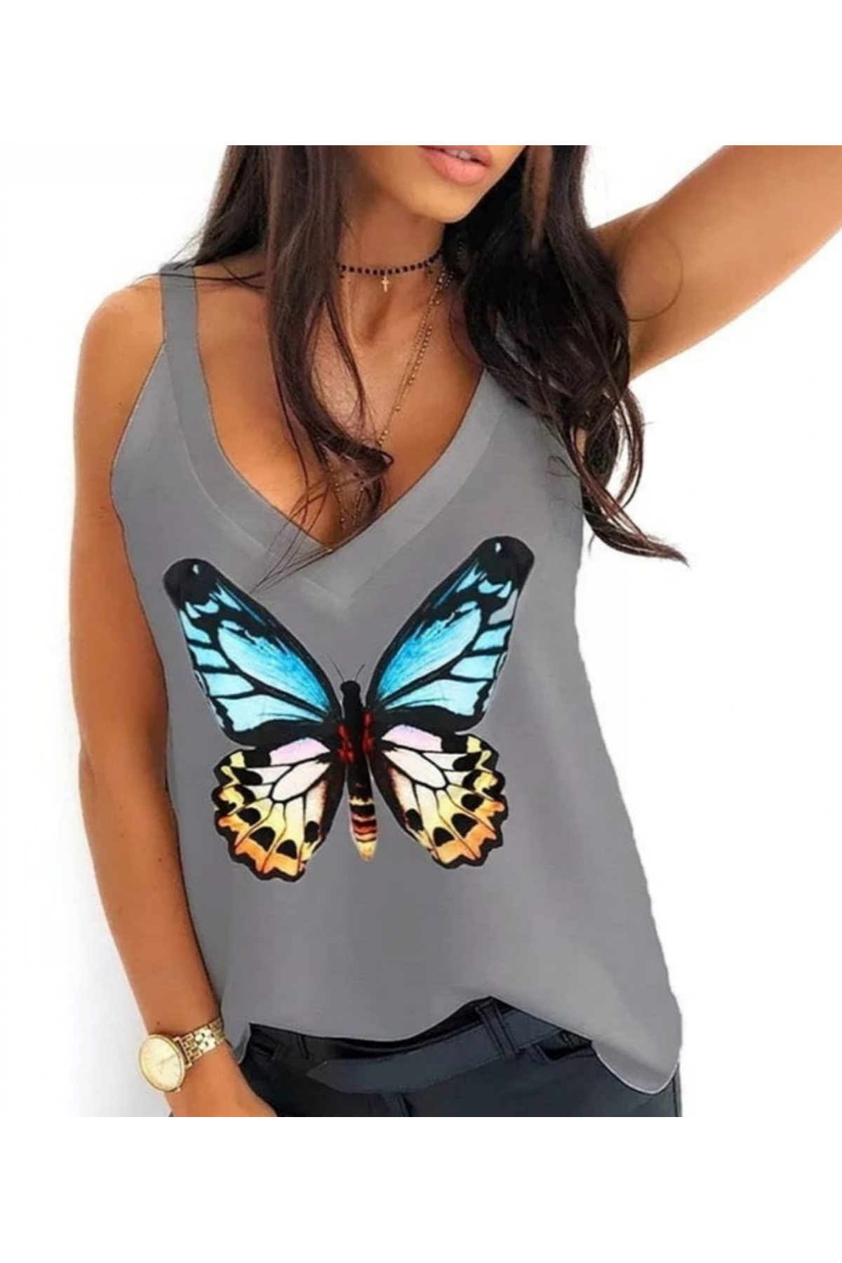 Kadın Kelebek Baskılı Sandy Kumaş Askılı Bluz