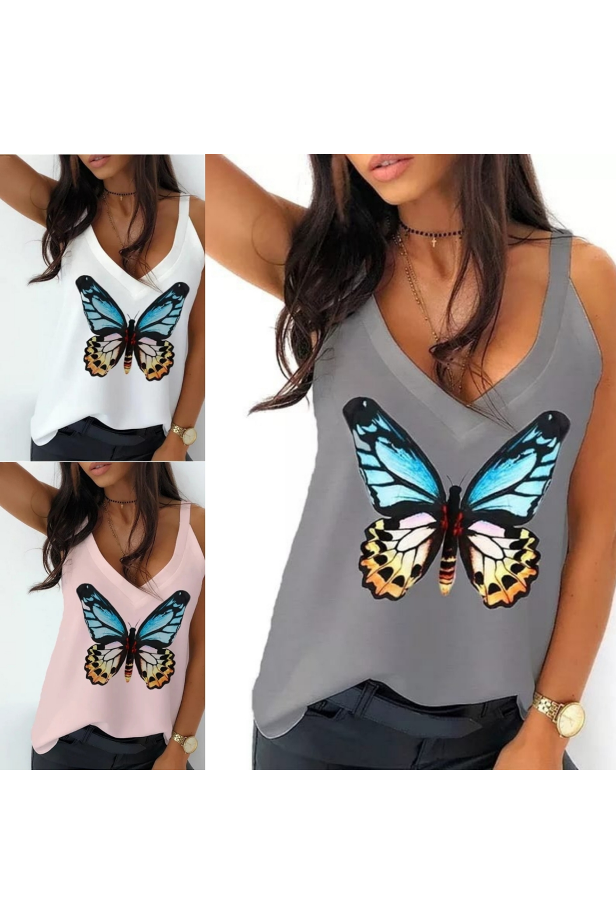 Kadın Kelebek Baskılı Sandy Kumaş Askılı Bluz