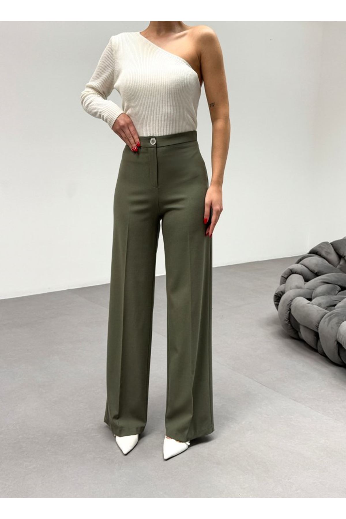 230 Gr Poly Viscose Lycra Metal Düğme Palazzo Pantolon