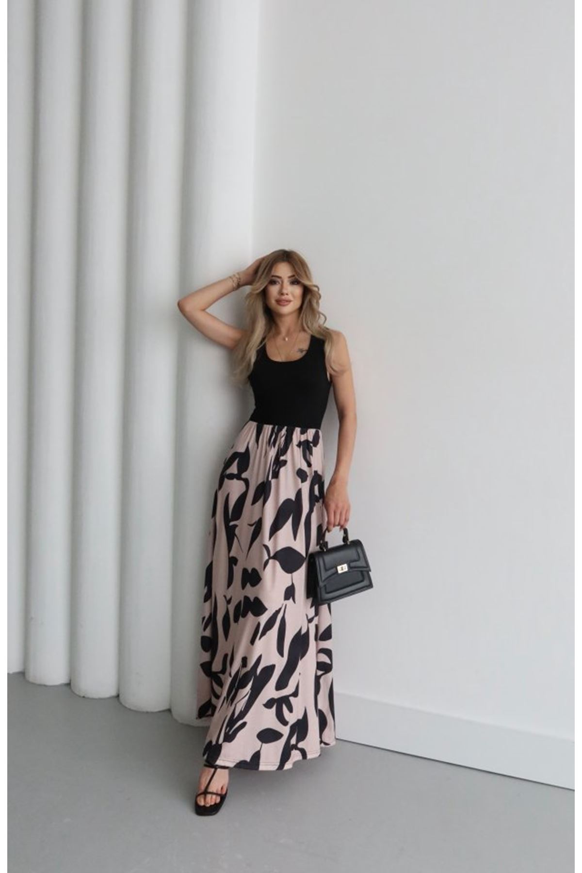 Kadın Askılı Yuvarlak Yaka üst Viskon Alt Desenli Uzun Süprem Elbise