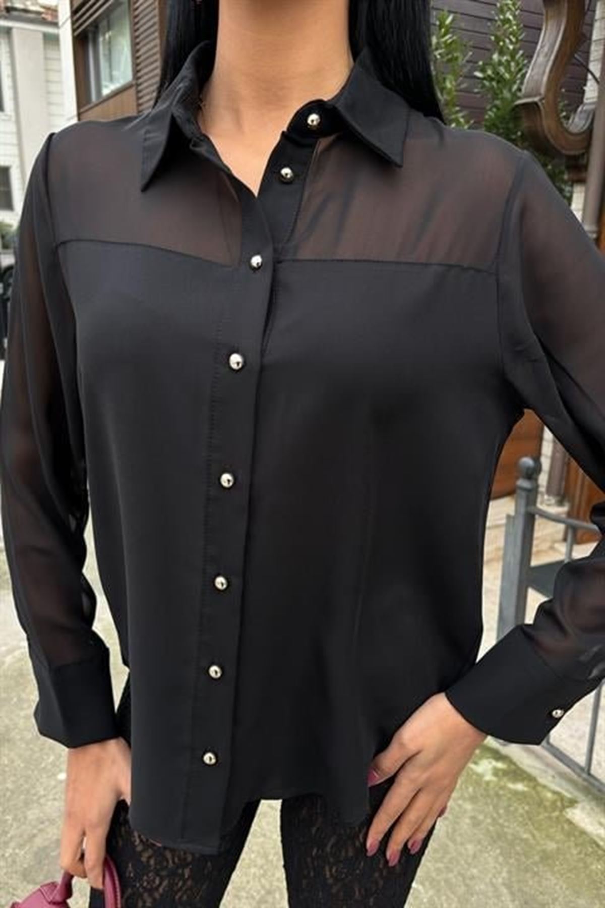 Transparan Detaylı Dökümlü Gömlek 3427