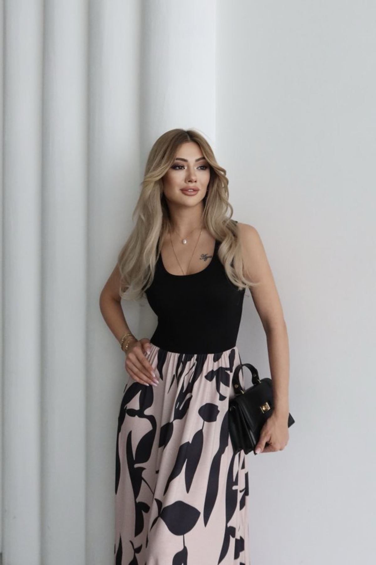 Kadın Askılı Yuvarlak Yaka üst Viskon Alt Desenli Uzun Süprem Elbise