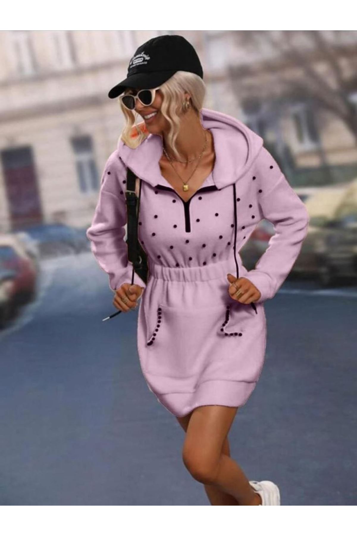 Kadın Beli Lastikli Inci Detay Kapüşonlu Mini Elbise