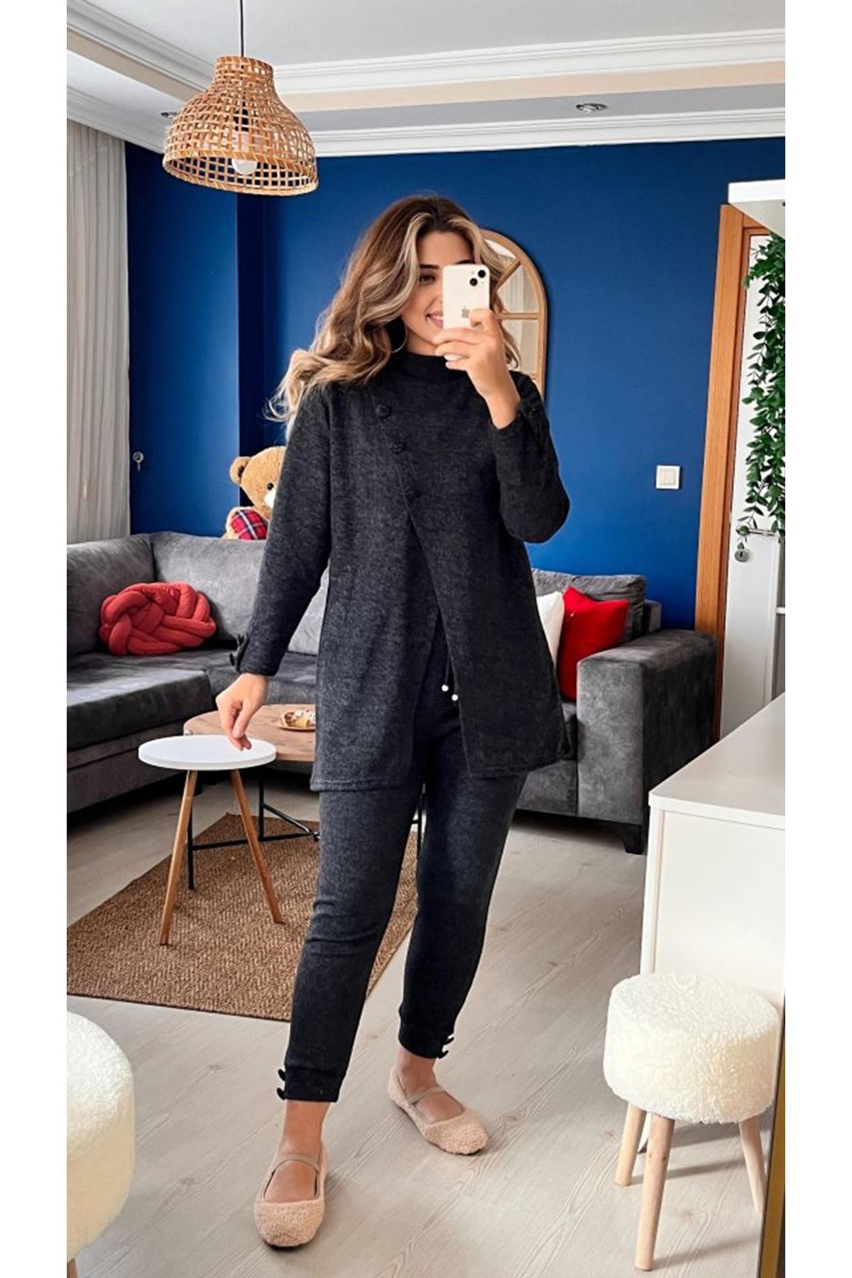 Kadın Uzun Kollu Balıkçı Yaka önden Düğmeli Bluz Ve Pantolon Yumoş Ikili Takım