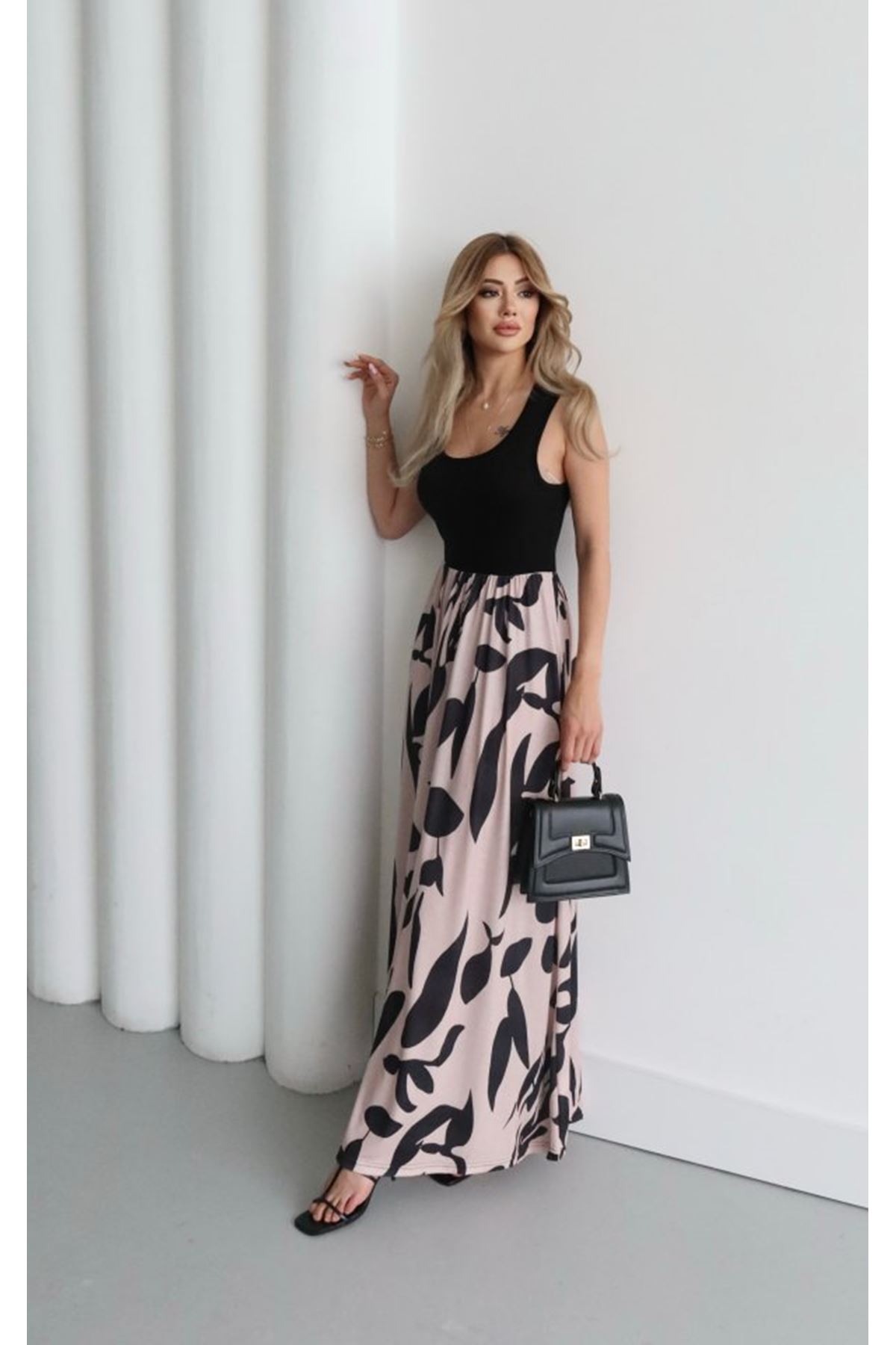 Kadın Askılı Yuvarlak Yaka üst Viskon Alt Desenli Uzun Süprem Elbise