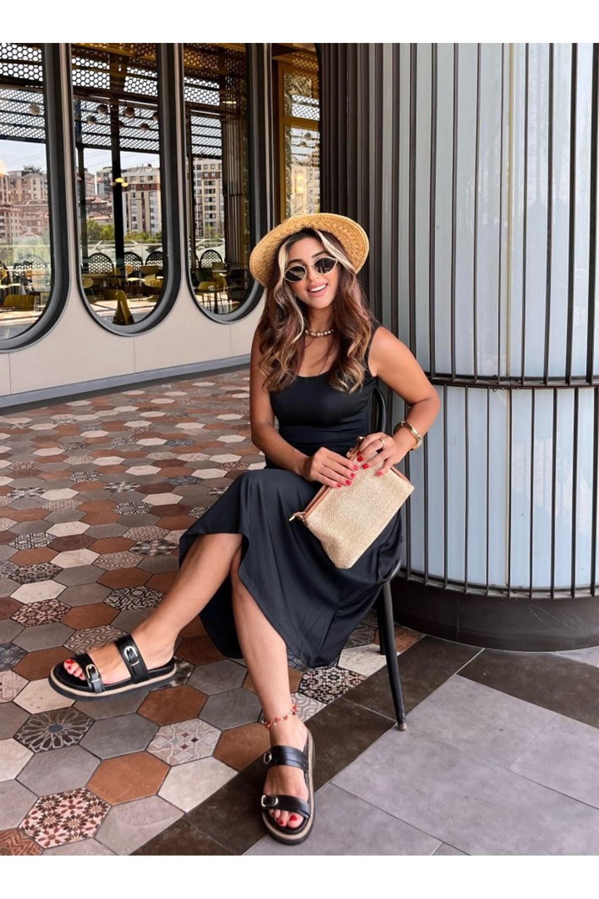 Kadın Askılı Kare Yakalı Midi Ithal Krep Elbise