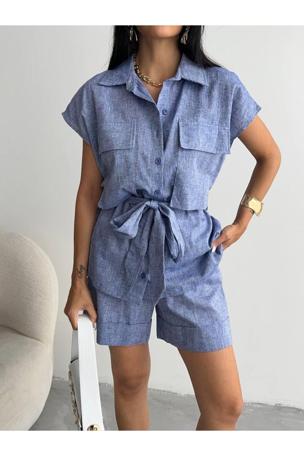 KETEN BAĞLAMALI KOLSUZ GÖMLEK - DUBLE PAÇA ŞORT TAKIM - Lacivert