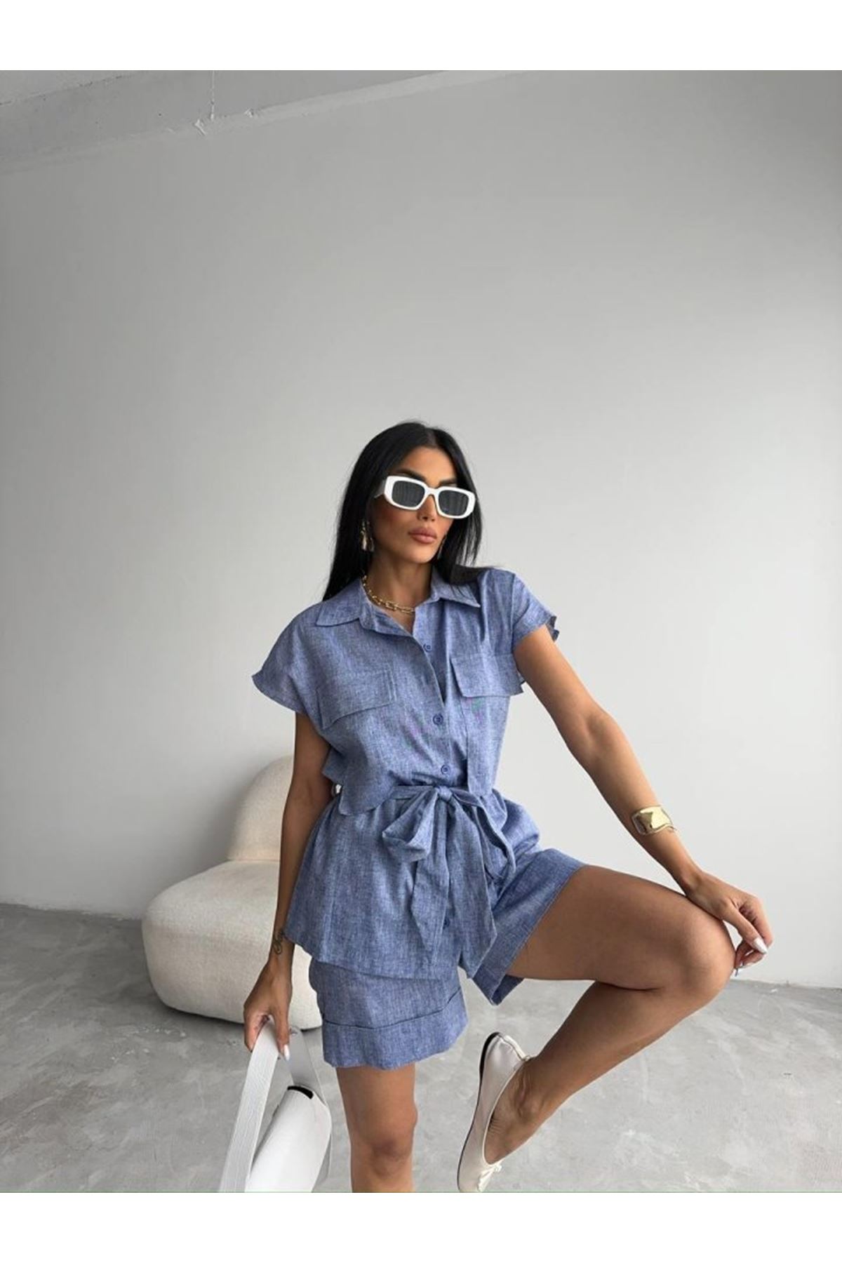 KETEN BAĞLAMALI KOLSUZ GÖMLEK - DUBLE PAÇA ŞORT TAKIM - Lacivert