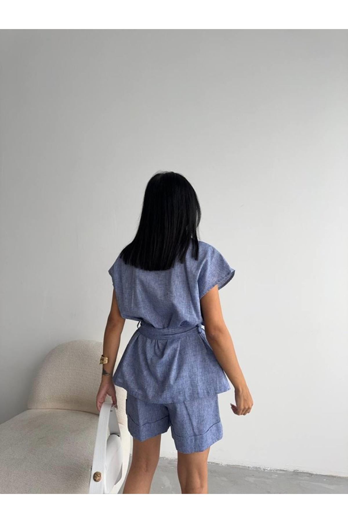 KETEN BAĞLAMALI KOLSUZ GÖMLEK - DUBLE PAÇA ŞORT TAKIM - Lacivert