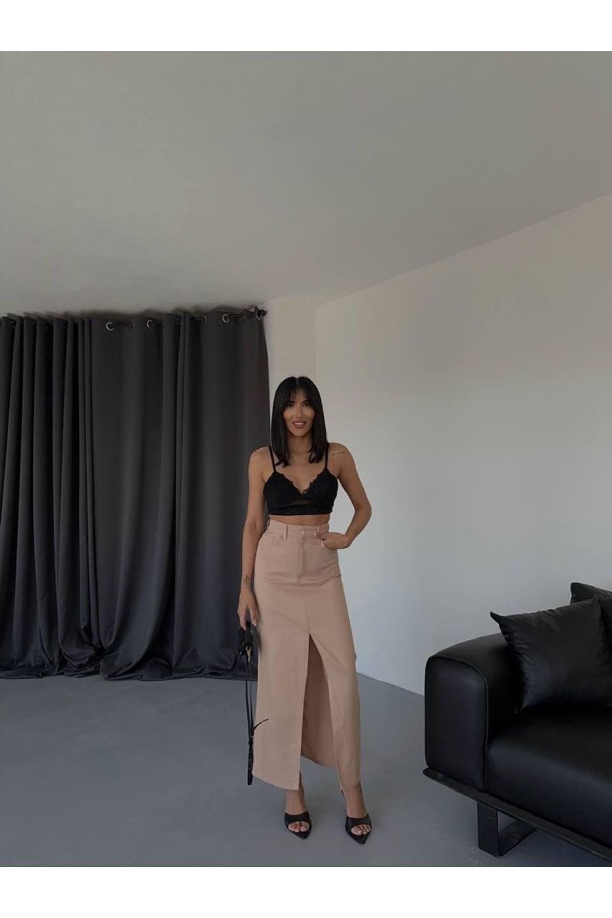 GABARDİN UZUN ÖNDEN YIRTMAÇLI ETEK - Kahverengi