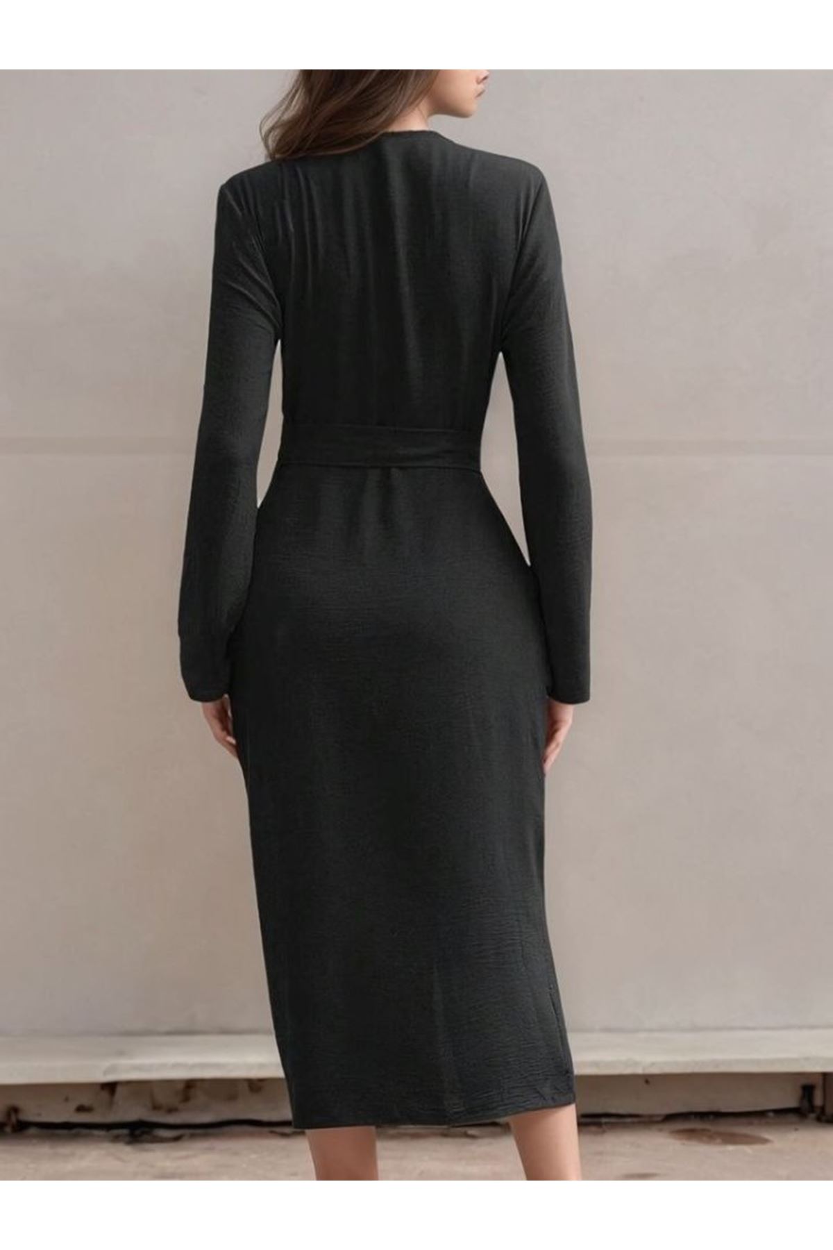 Kadın Uzun Kollu önden Düğmeli Beli Kuşaklı Aerobin Midi Elbise