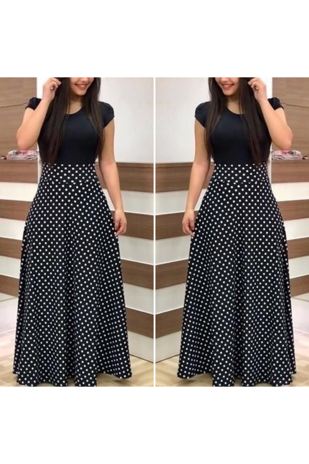 Kadın Kısa Kollu Puan Desen Tam Boy Krep Elbise