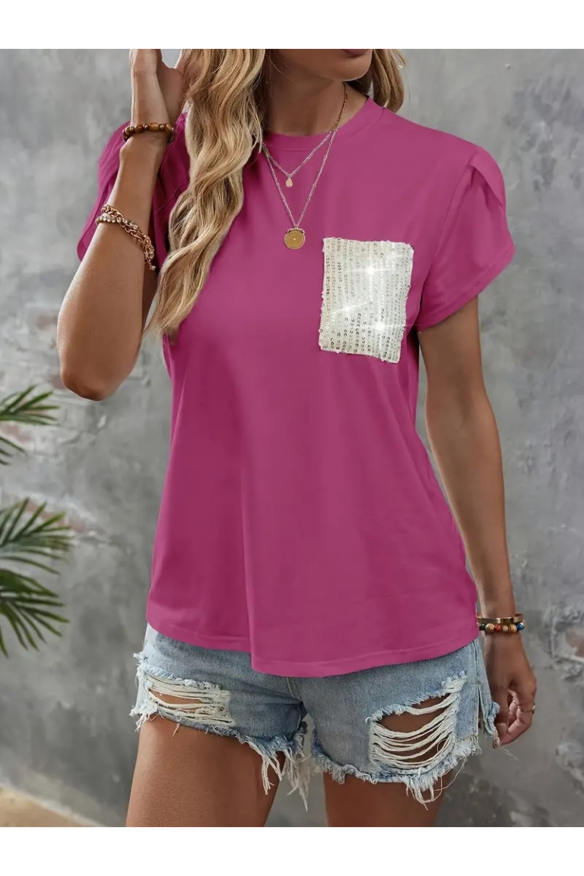 Kadın Kısa Kollu Bisiklet Yaka Cep Pul Payet Detay Viskon Bluz