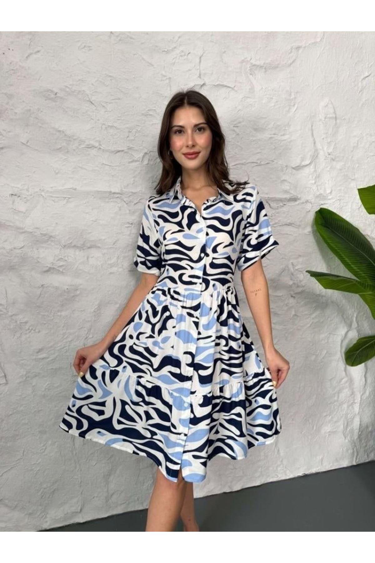 Baskılı Keten Elbise - Lacivert