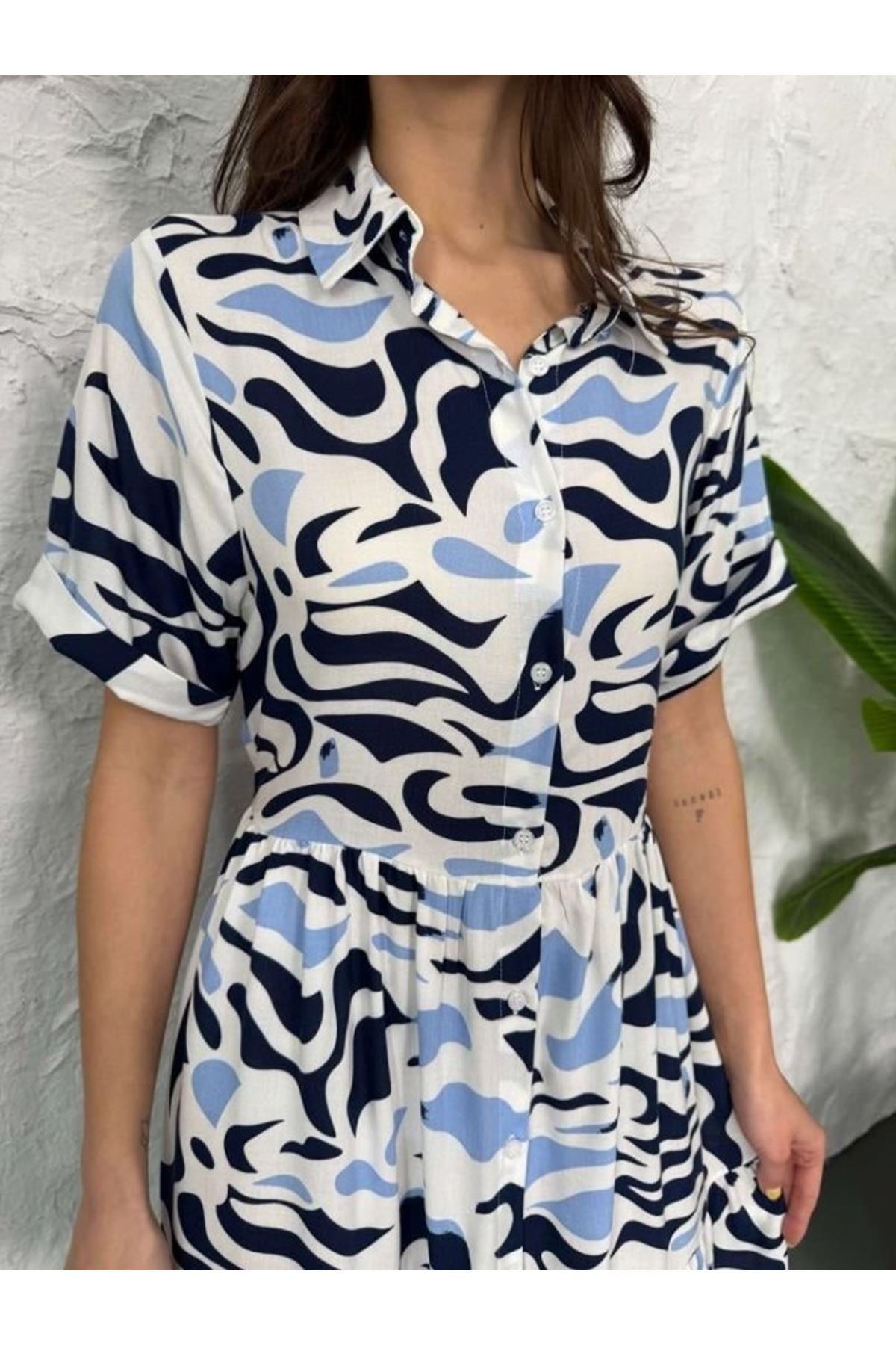 Baskılı Keten Elbise - Lacivert