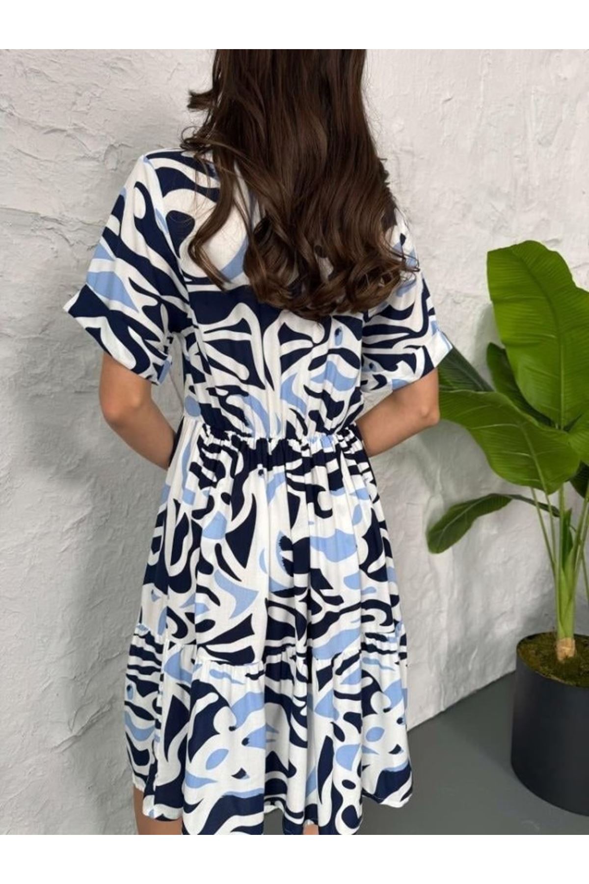 Baskılı Keten Elbise - Lacivert