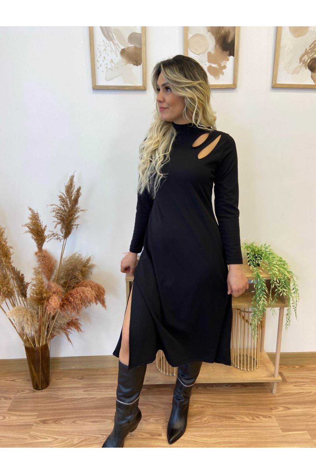 Kadın Uzun Kollu Balıkçı Yaka Omuzda Damla Detaylı Yırtmaçlı Krep Midi Elbise