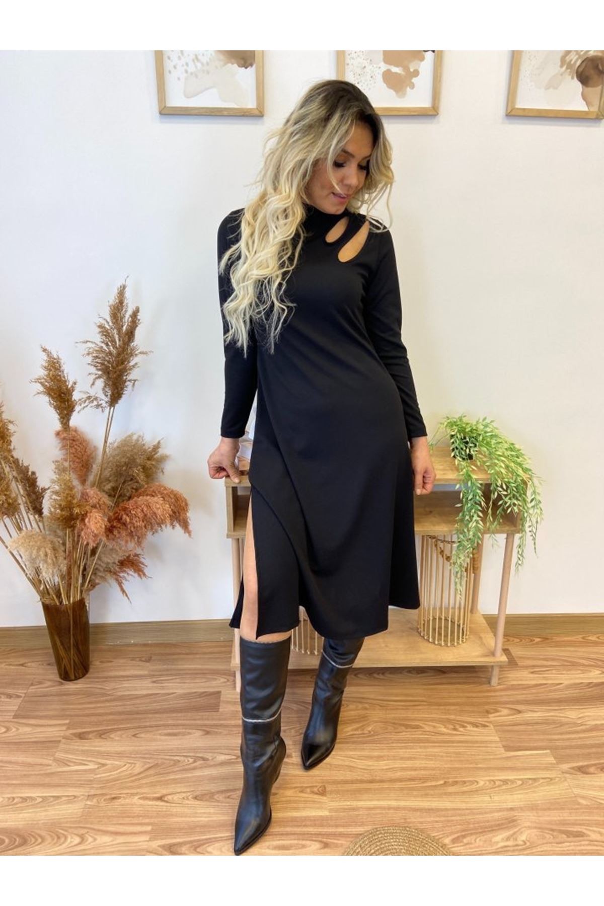 Kadın Uzun Kollu Balıkçı Yaka Omuzda Damla Detaylı Yırtmaçlı Krep Midi Elbise