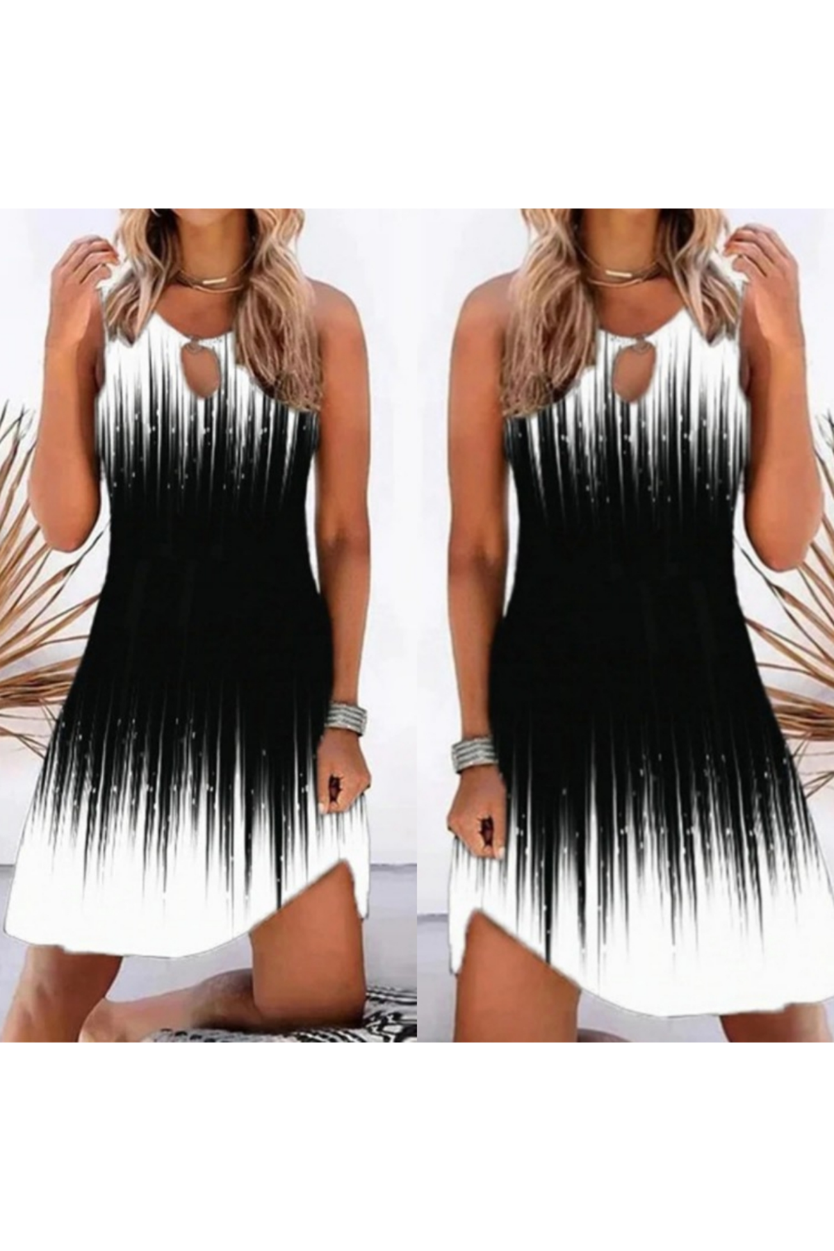 Kadın Yaka Damla Dekolteli Siyah Beyaz Desenli Dalgıç Elbise