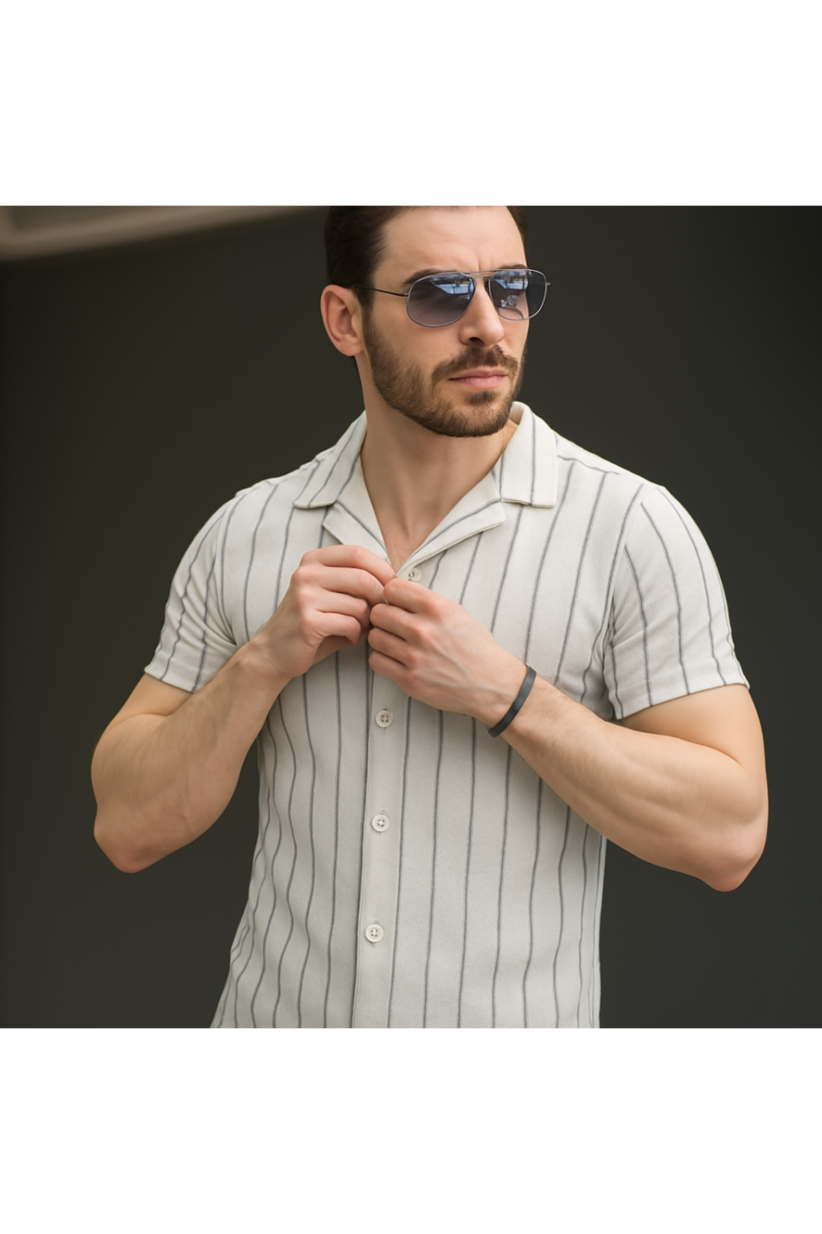 Erkek Kısa Kollu Gri çizgi Desenli örme Kumaş Pamuklu Gömlek