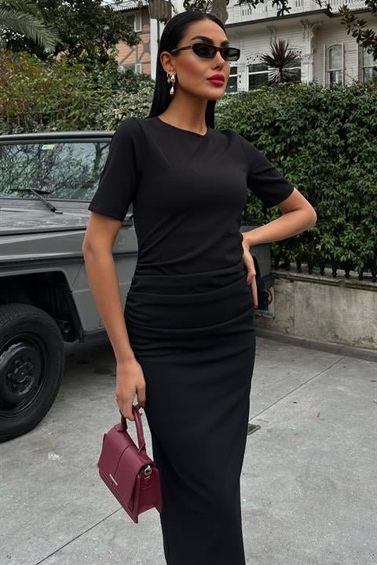 Beli Büzgülü Midi Elbise 2853