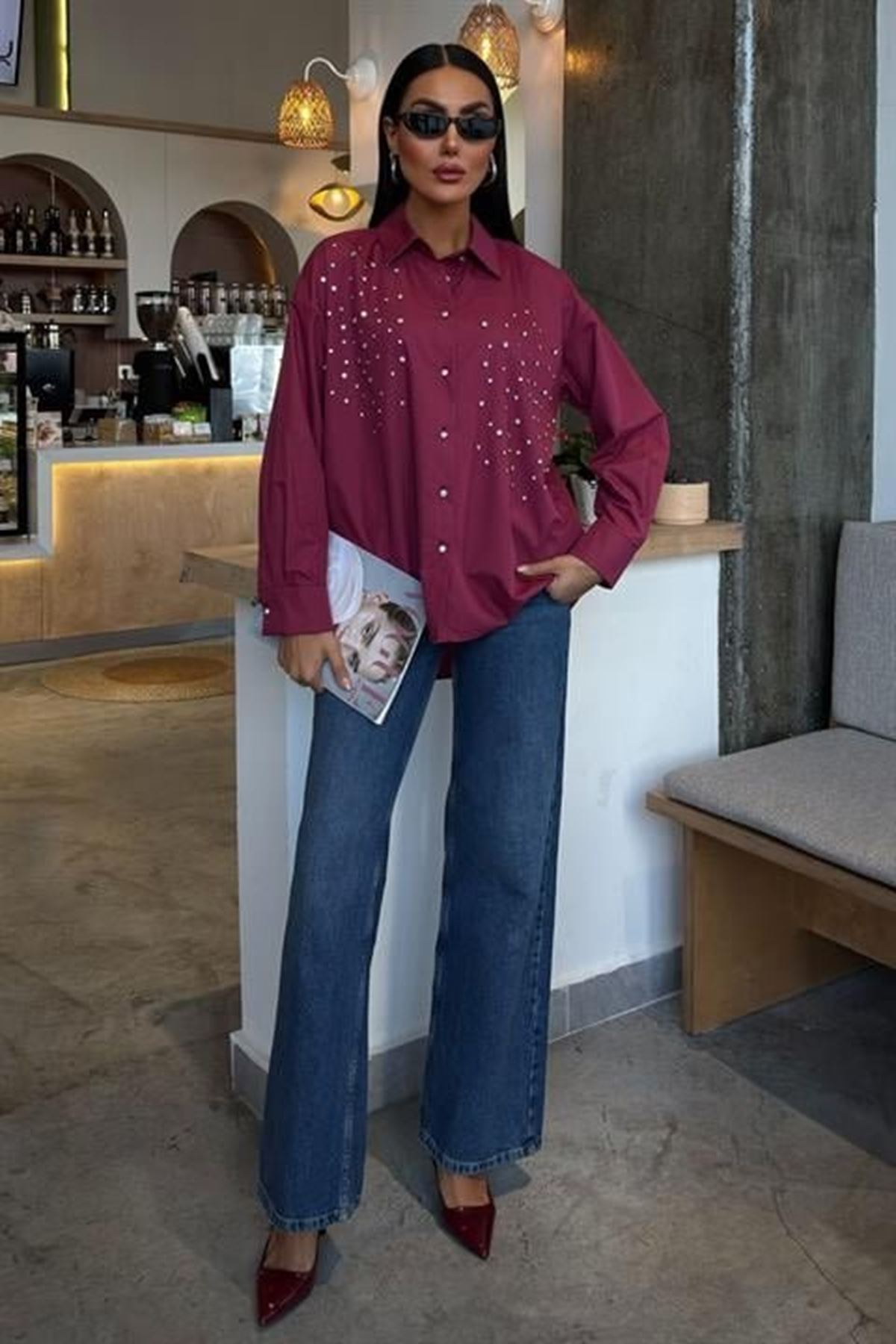 Kristal Taş Çakımlı Poplin Gömlek 3413