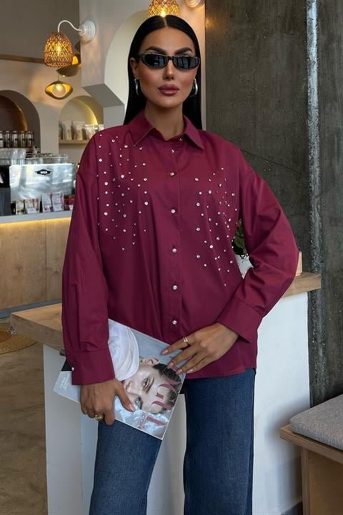 Kristal Taş Çakımlı Poplin Gömlek 3413