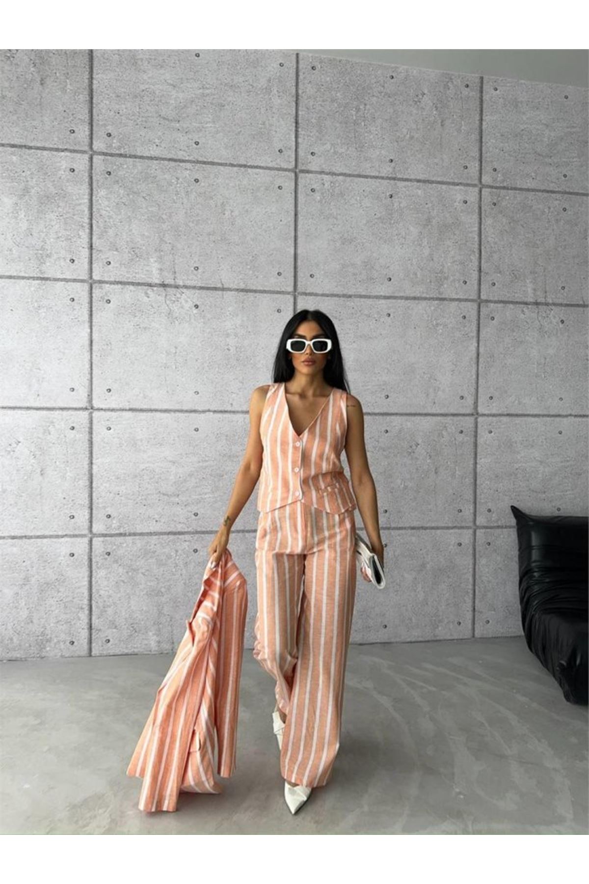 ÇİZGİLİ CEKET KETEN - Orange