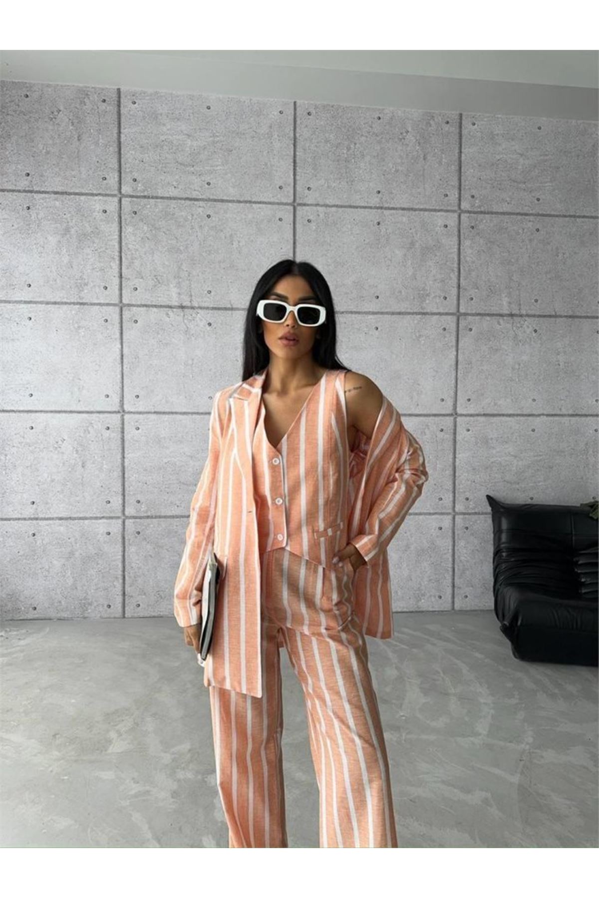 ÇİZGİLİ CEKET KETEN - Orange