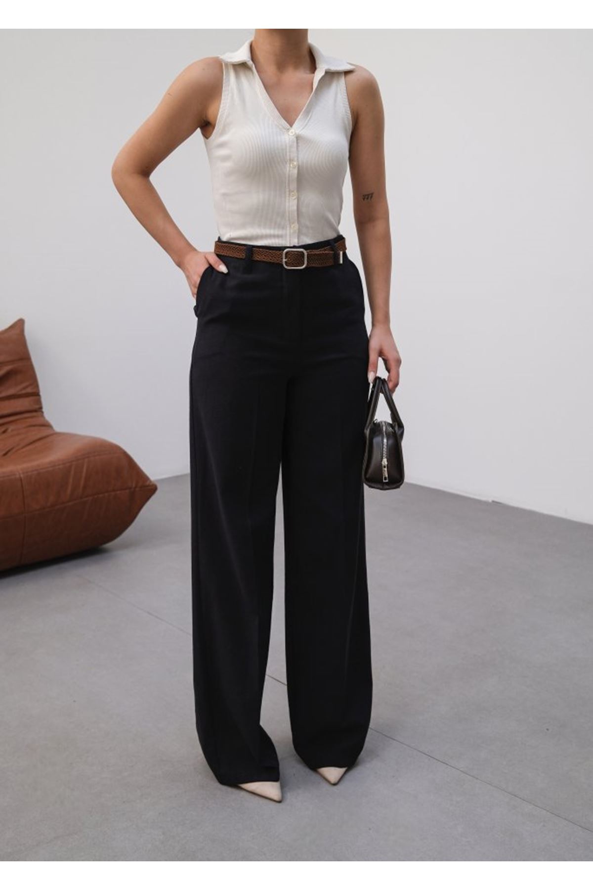 Keten Kemerli̇ Ve Dökümlü Palazzo Pantolon (Kemer Dahi̇l)