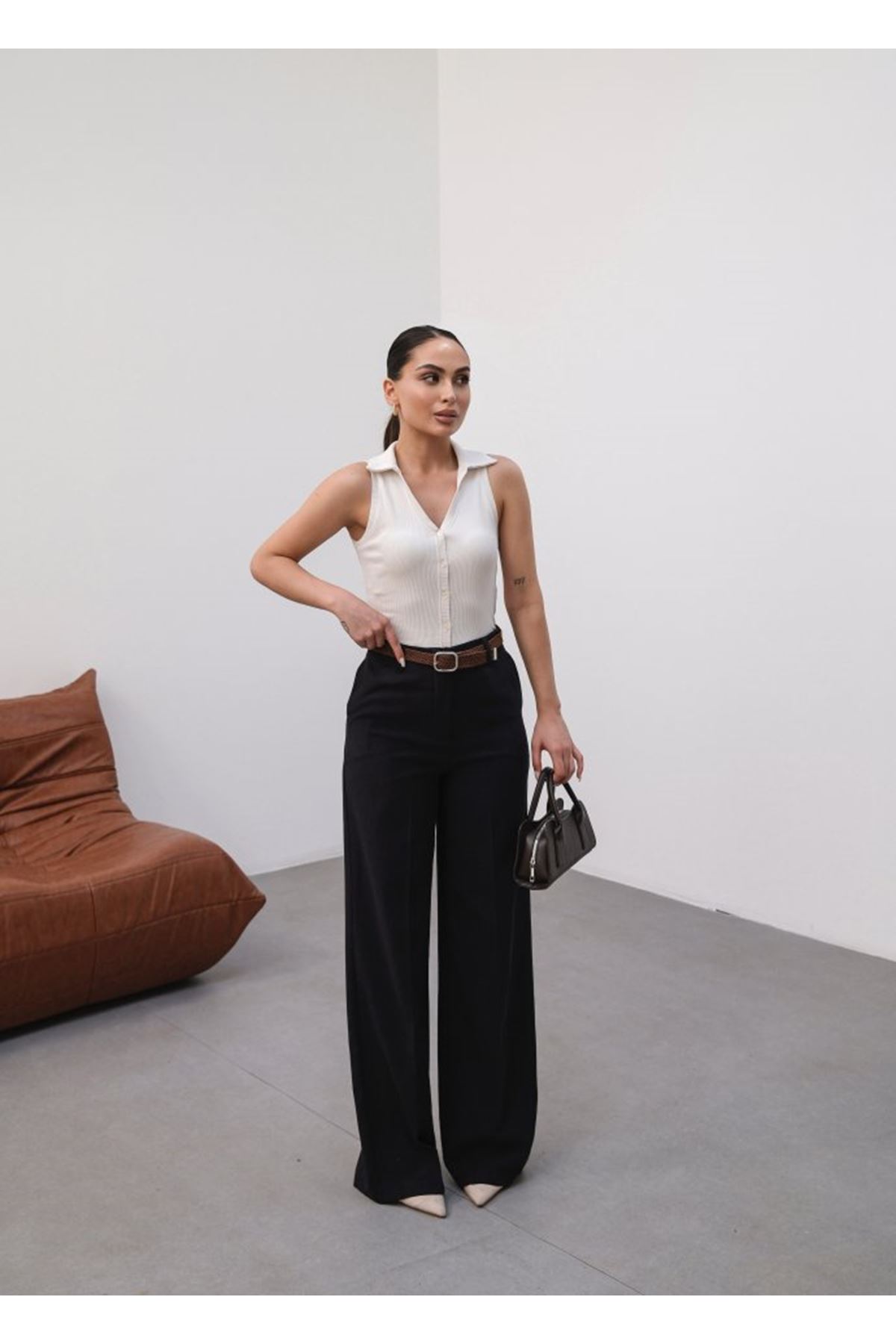 Keten Kemerli̇ Ve Dökümlü Palazzo Pantolon (Kemer Dahi̇l)