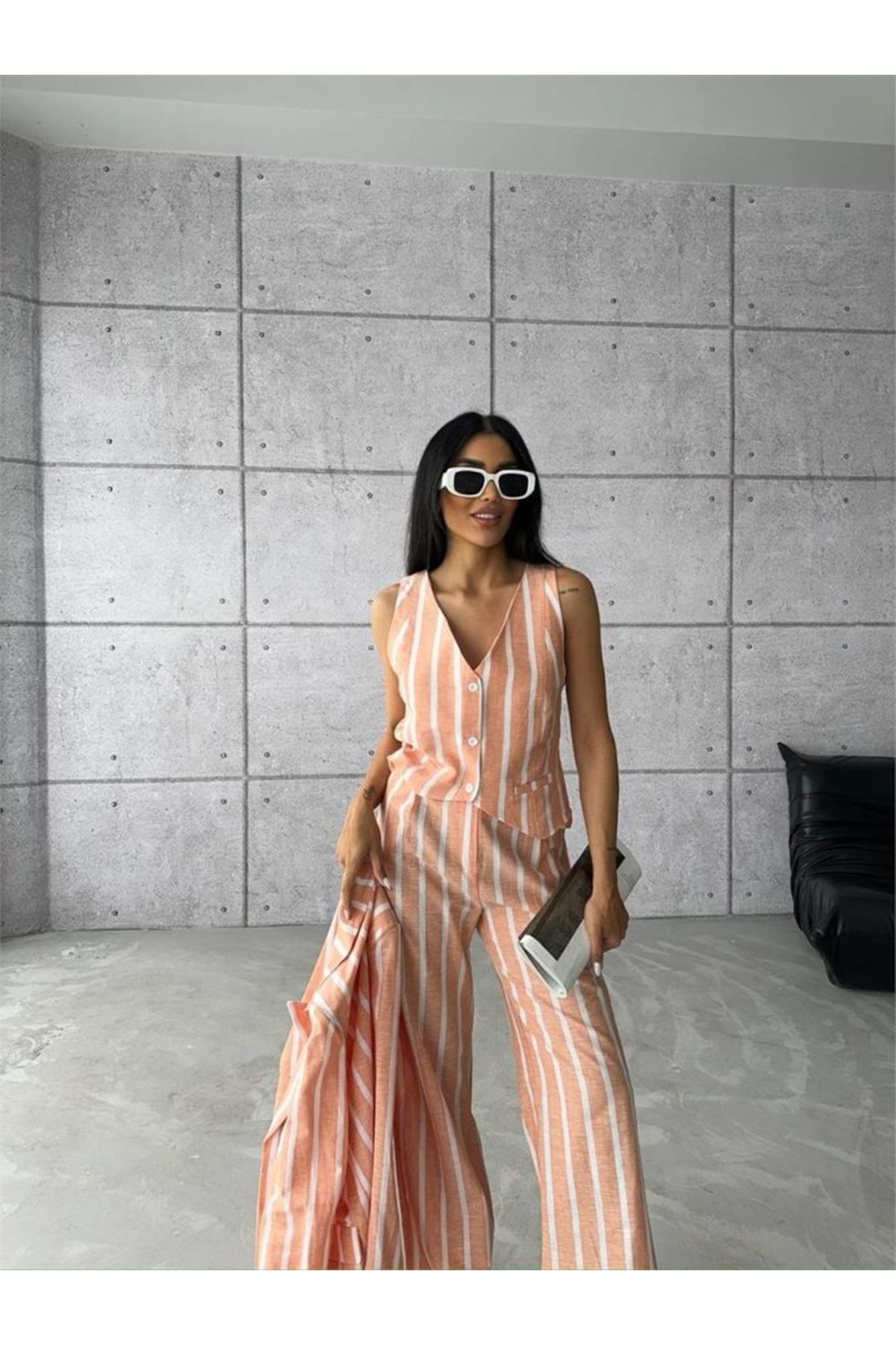 ÇİZGİLİ CEKET KETEN - Orange