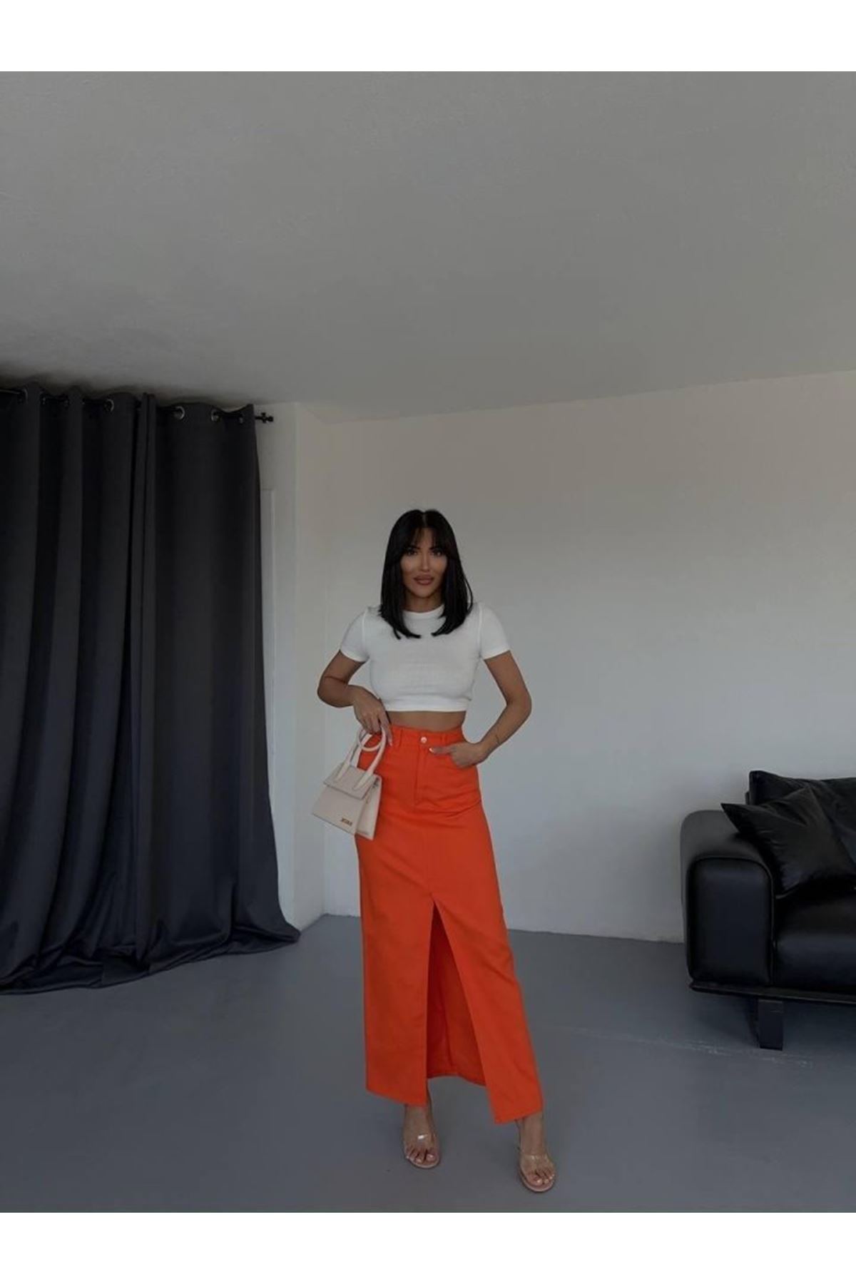 GABARDİN UZUN ÖNDEN YIRTMAÇLI ETEK - Turuncu