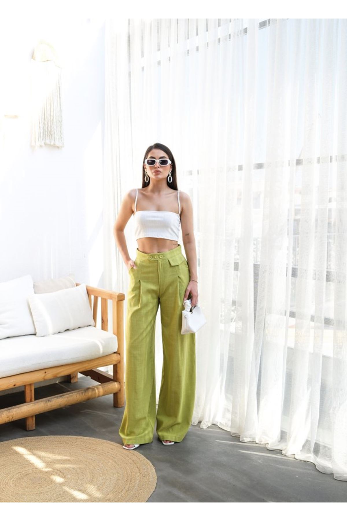 Keten Düğme Detayli Dökümlü Palazzo Pantolon