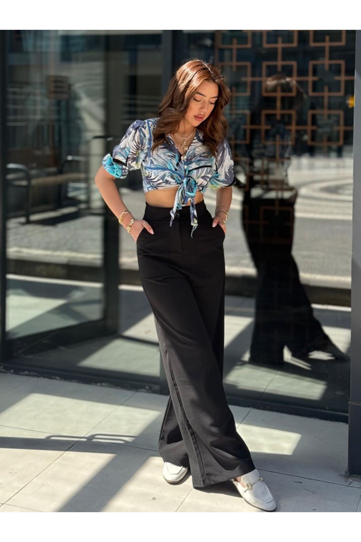 Kadın Yüksek Bel Geniş Paça Detaylı Cepli Ithal Krep Pantolon