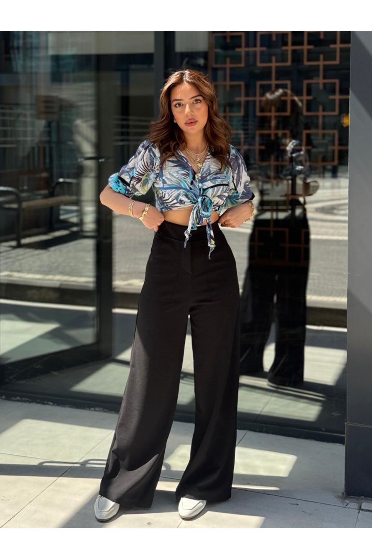 Kadın Yüksek Bel Geniş Paça Detaylı Cepli Ithal Krep Pantolon