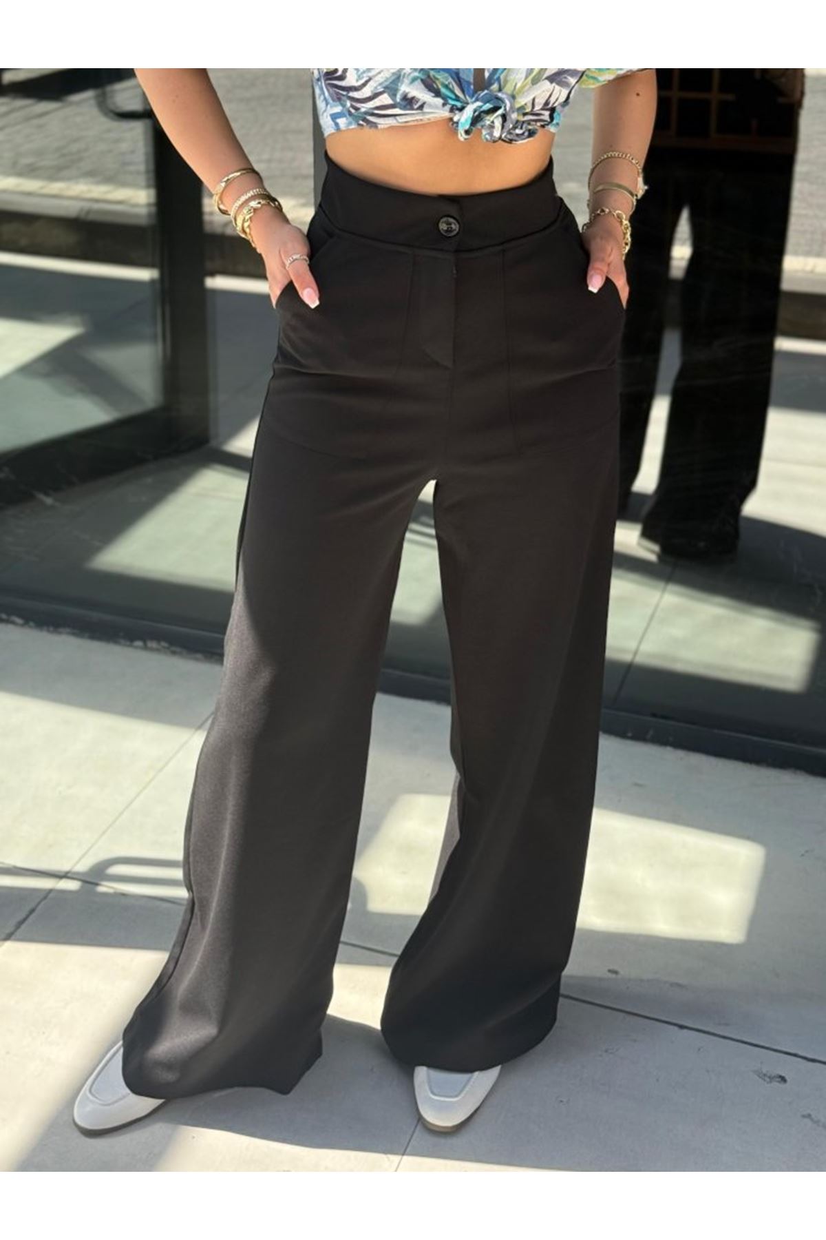 Kadın Yüksek Bel Geniş Paça Detaylı Cepli Ithal Krep Pantolon