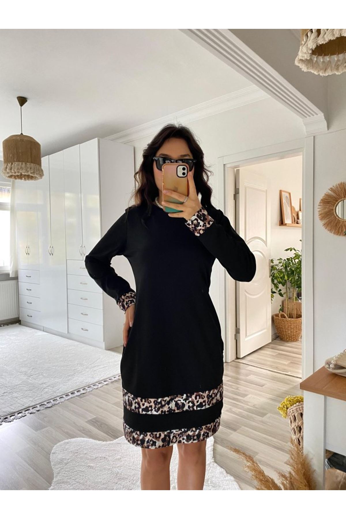 Kadın Uzun Kollu Bisiklet Yaka şerit Leopar Desenli Dalgıç Elbise