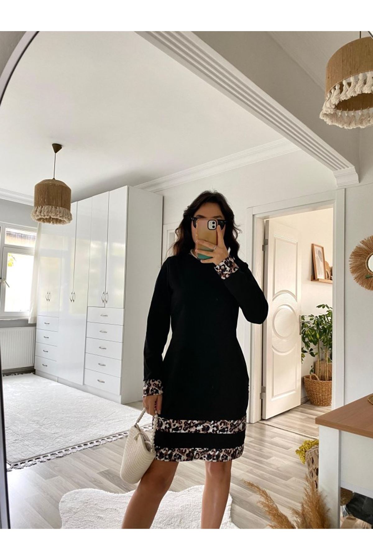 Kadın Uzun Kollu Bisiklet Yaka şerit Leopar Desenli Dalgıç Elbise