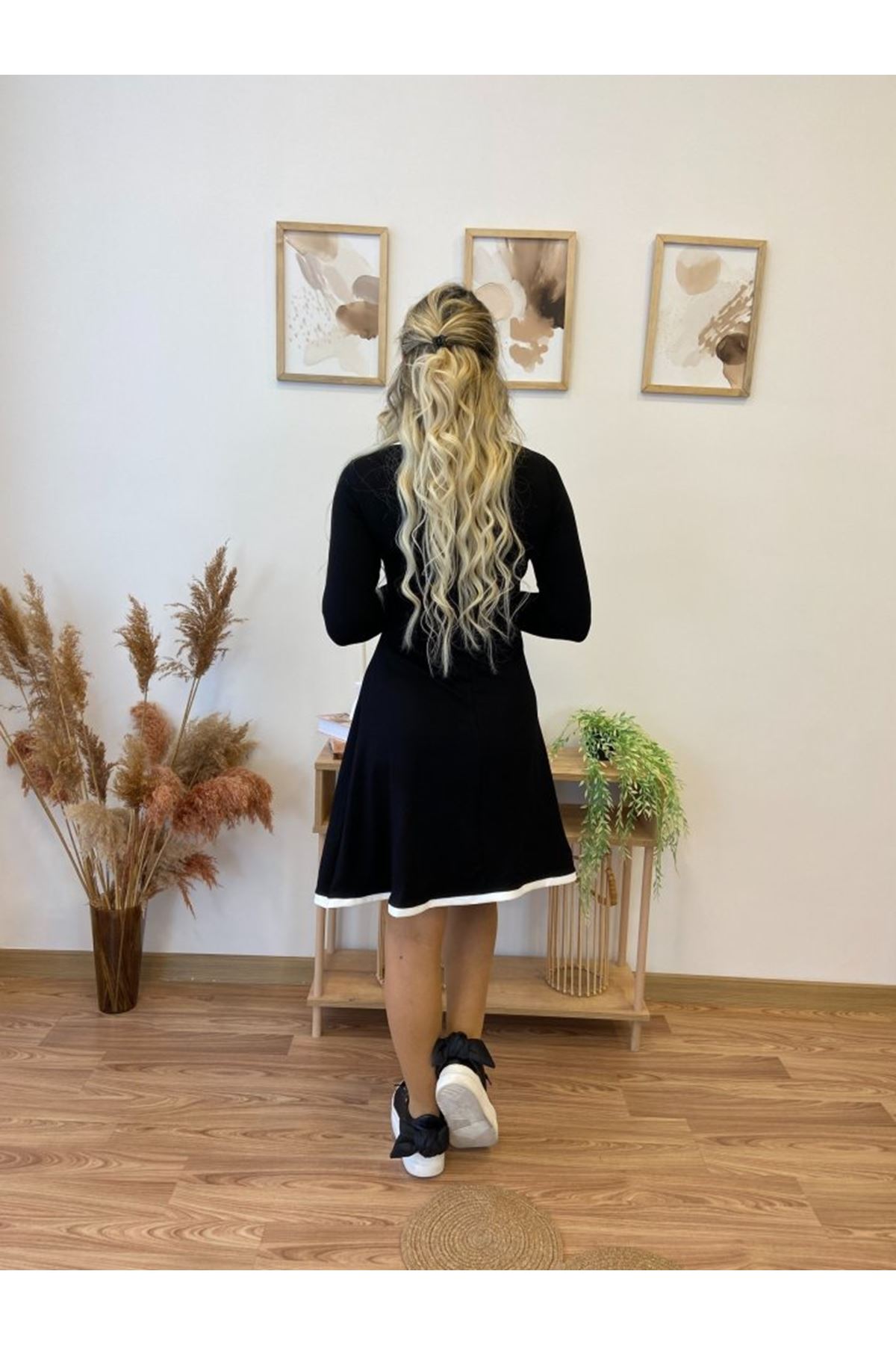 Kadın Uzun Kollu Derin Yuvarlak Yakalı Kısa Viskon Iki Iplik Elbise