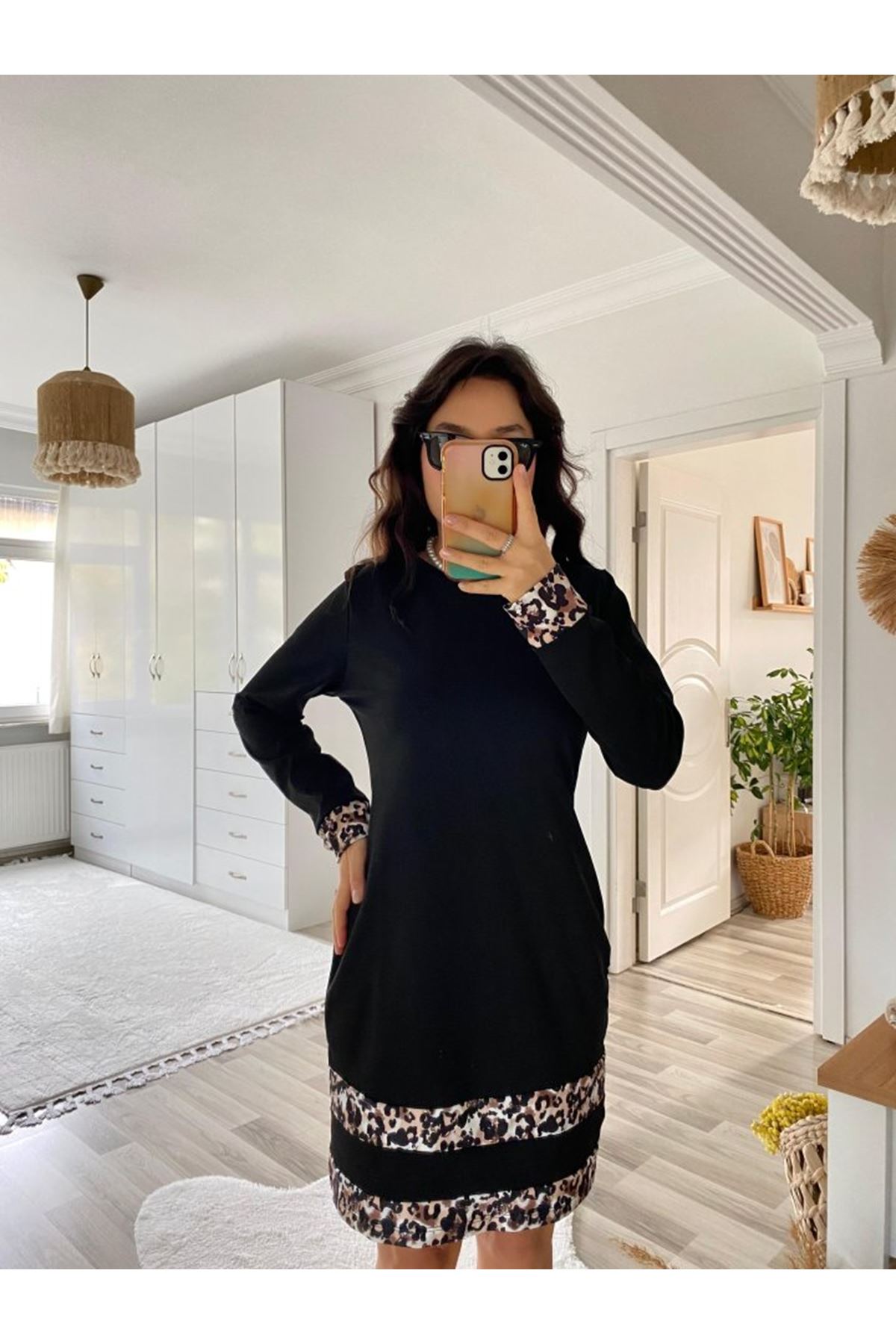 Kadın Uzun Kollu Bisiklet Yaka şerit Leopar Desenli Dalgıç Elbise