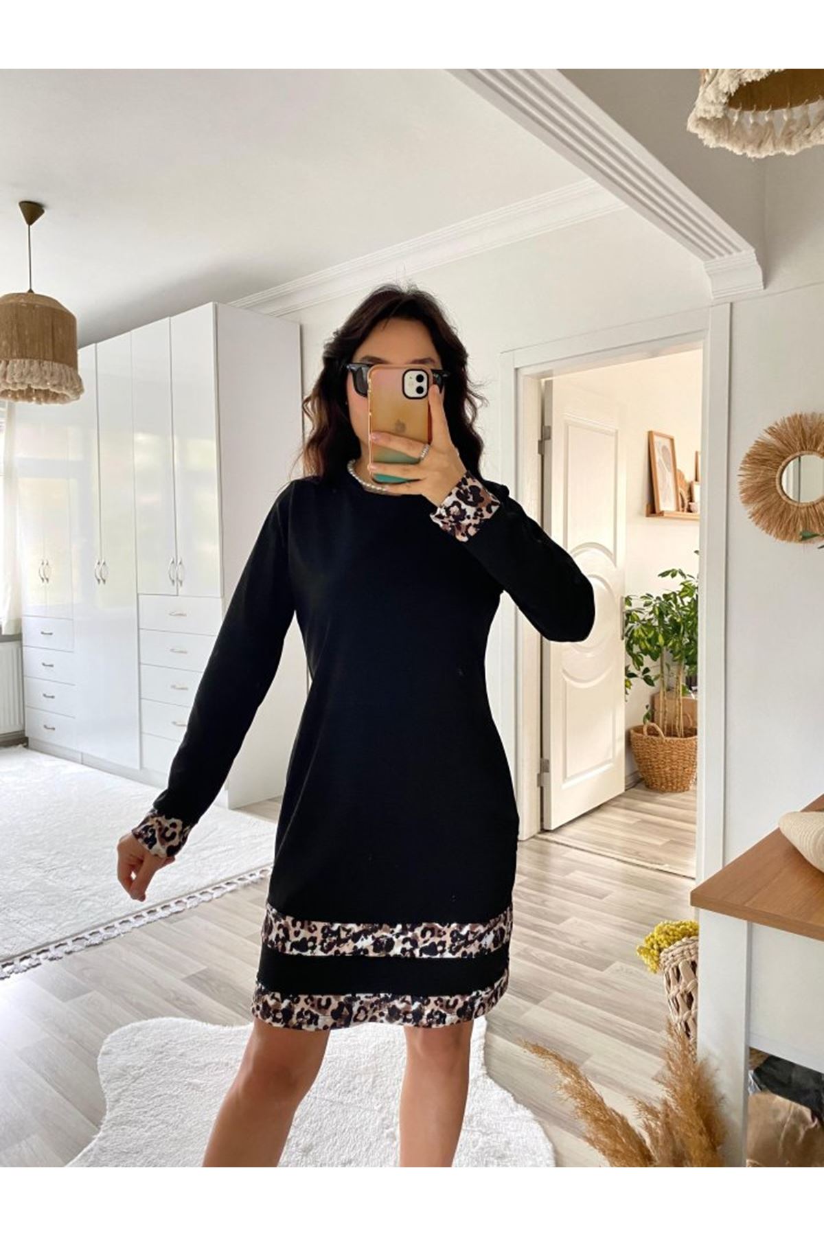 Kadın Uzun Kollu Bisiklet Yaka şerit Leopar Desenli Dalgıç Elbise