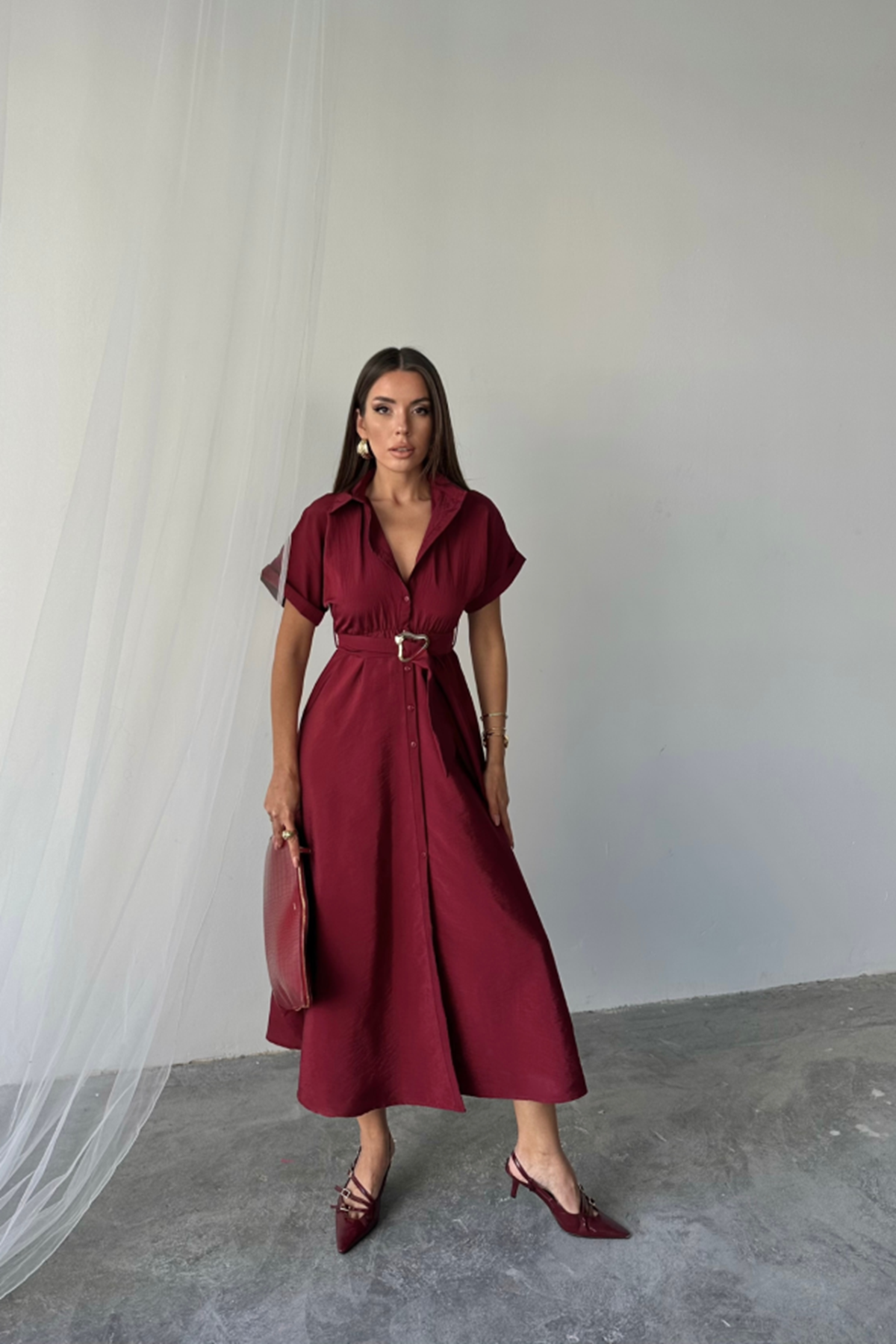 ÖNDEN DÜĞMELİ CRUSHLI MODAL ELBİSE - Bordo