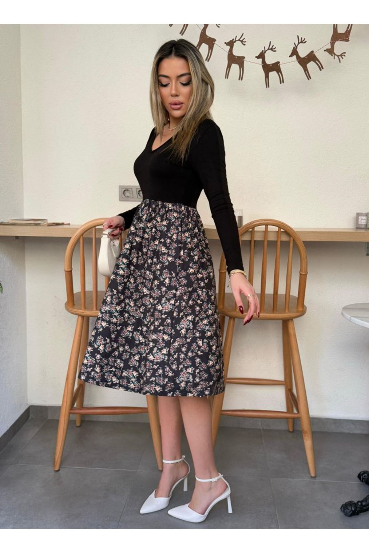 Kadın Uzun Kollu V Yakalı üst Viskon Alt çiçek Desenli Süprem Kısa Elbise