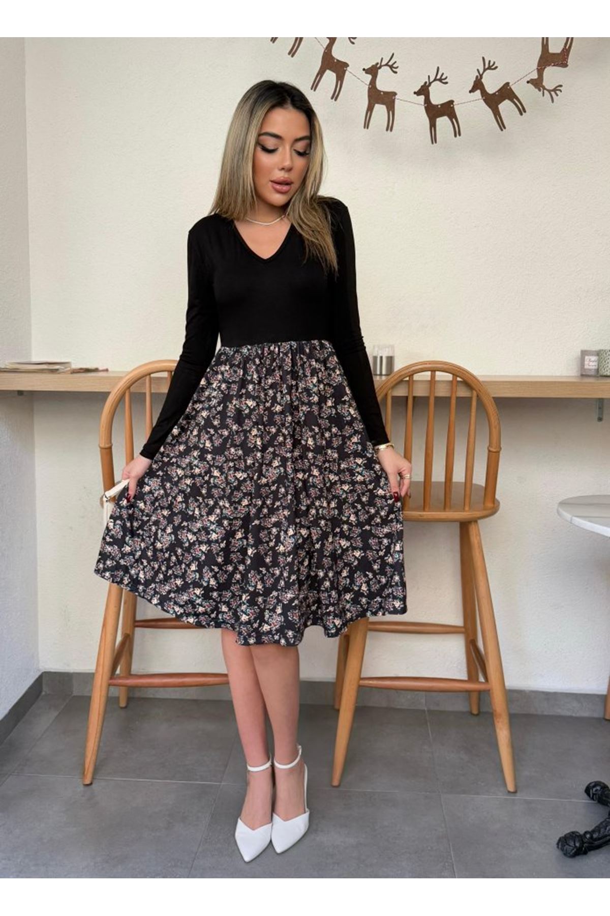 Kadın Uzun Kollu V Yakalı üst Viskon Alt çiçek Desenli Süprem Kısa Elbise