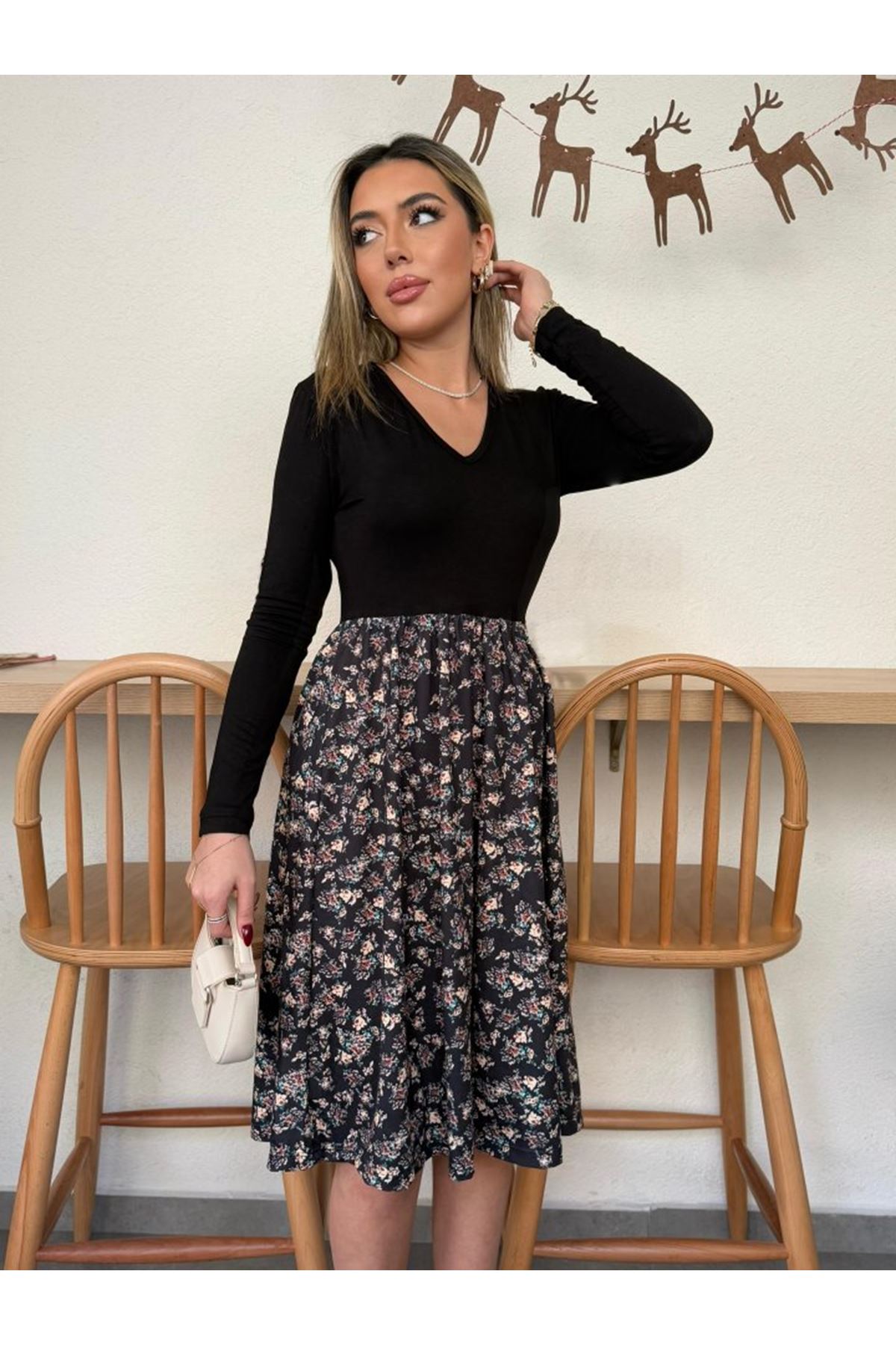 Kadın Uzun Kollu V Yakalı üst Viskon Alt çiçek Desenli Süprem Kısa Elbise