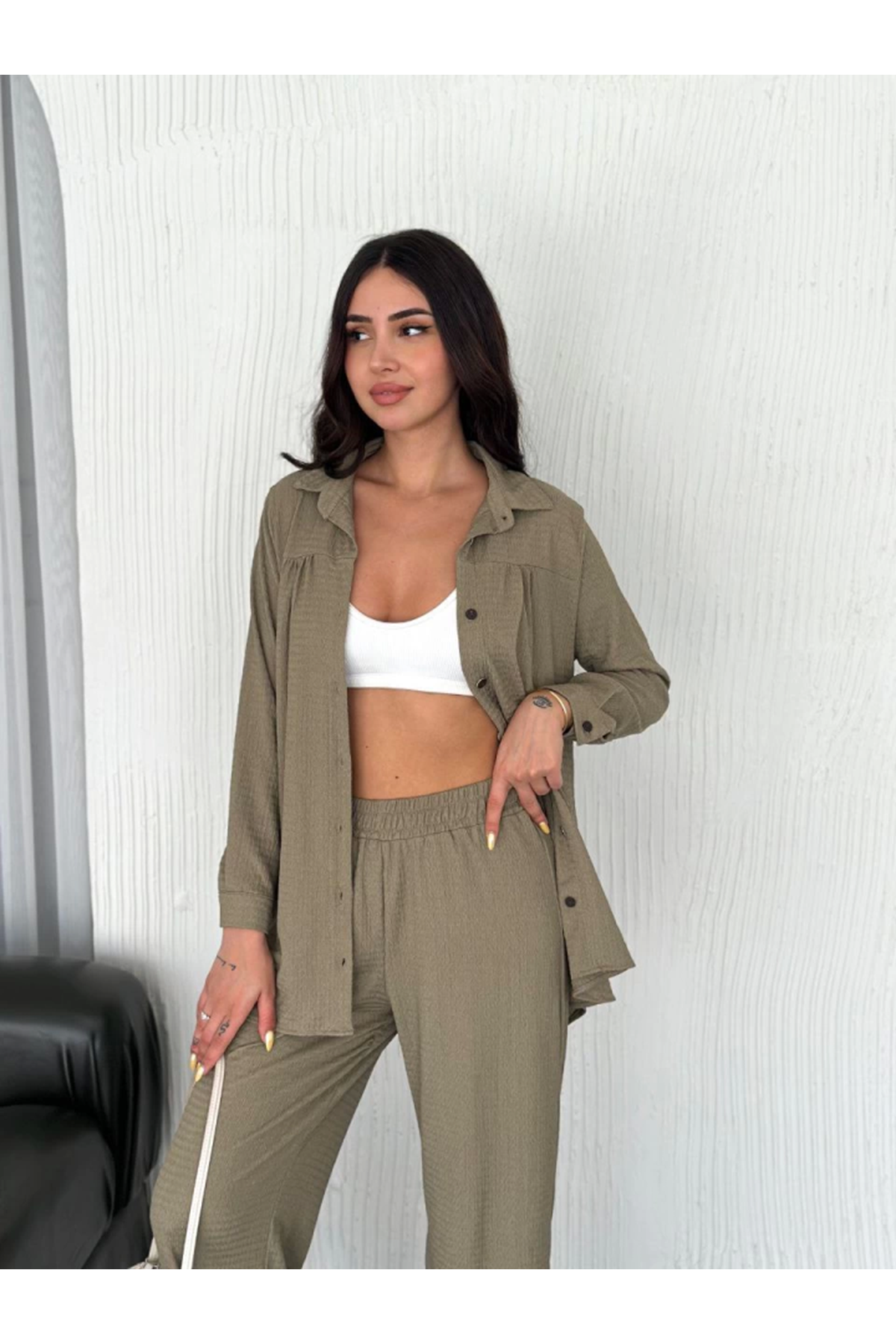 Yakalı Düğmeli Uzun Kollu Gömlek Pantolon Ikili Takım - Bej