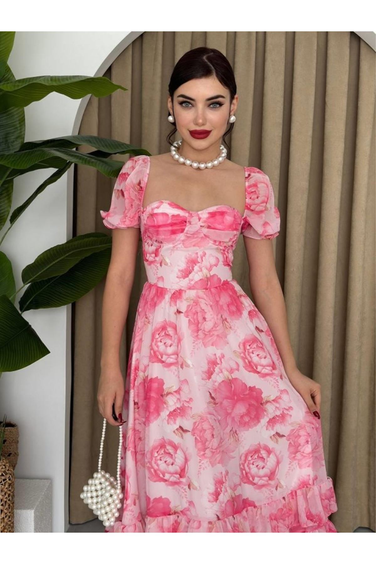 ŞİFON KUMAŞ DİJİTAL DESEN BASKILI ELBİSE