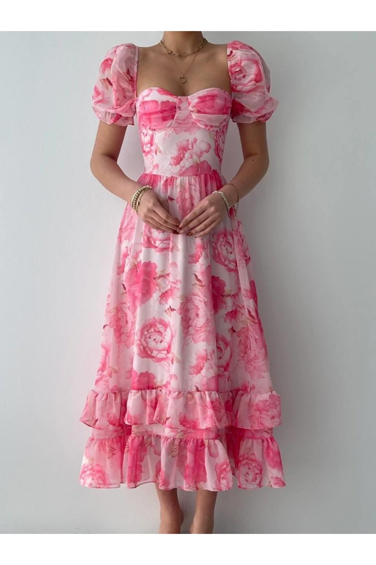 ŞİFON KUMAŞ DİJİTAL DESEN BASKILI ELBİSE