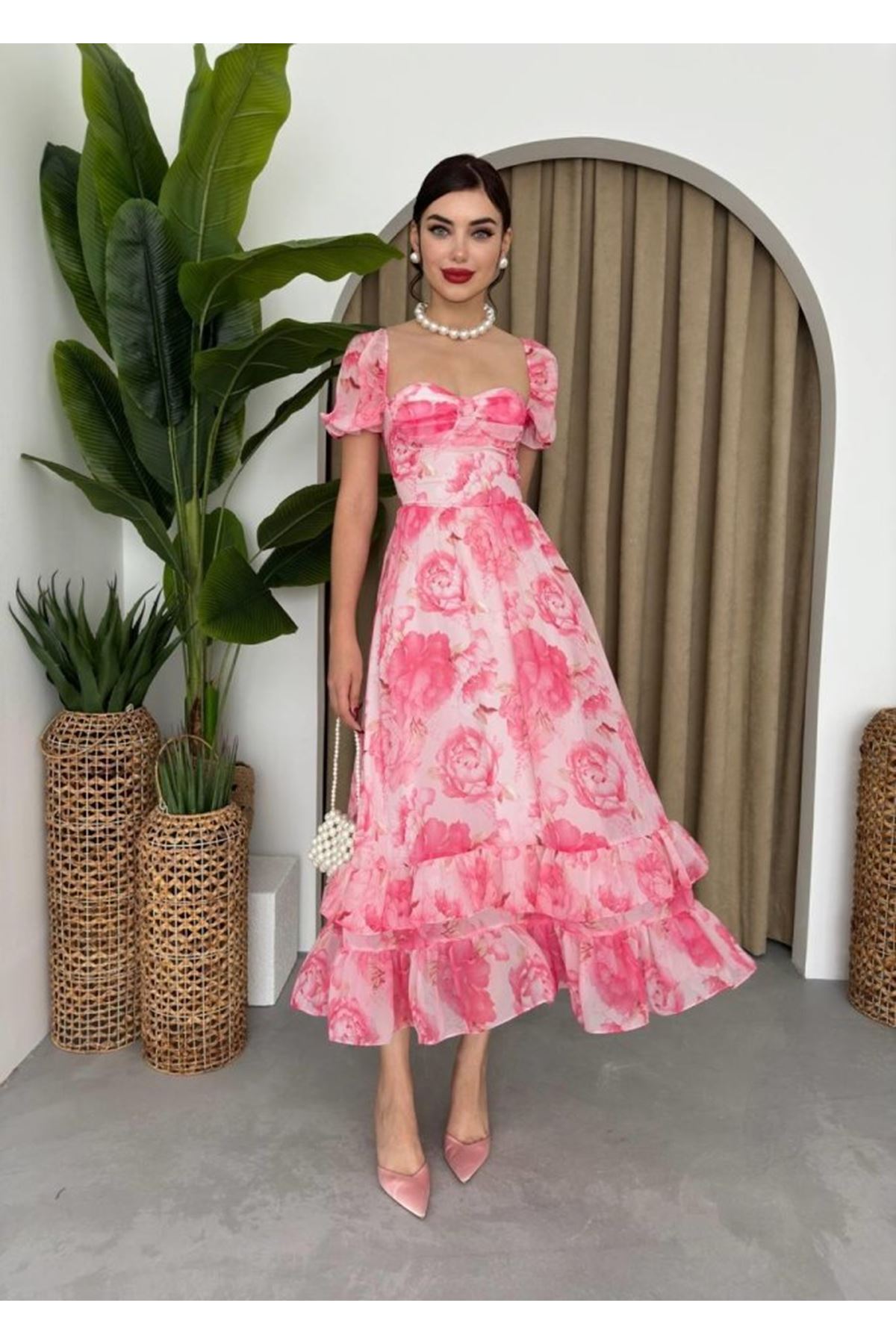 ŞİFON KUMAŞ DİJİTAL DESEN BASKILI ELBİSE